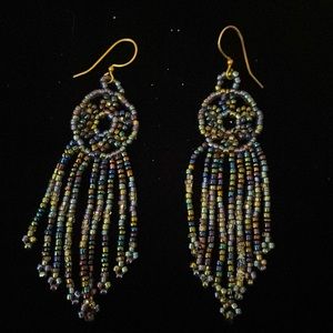 Beautiful hand beaded peacock color earrings, boho